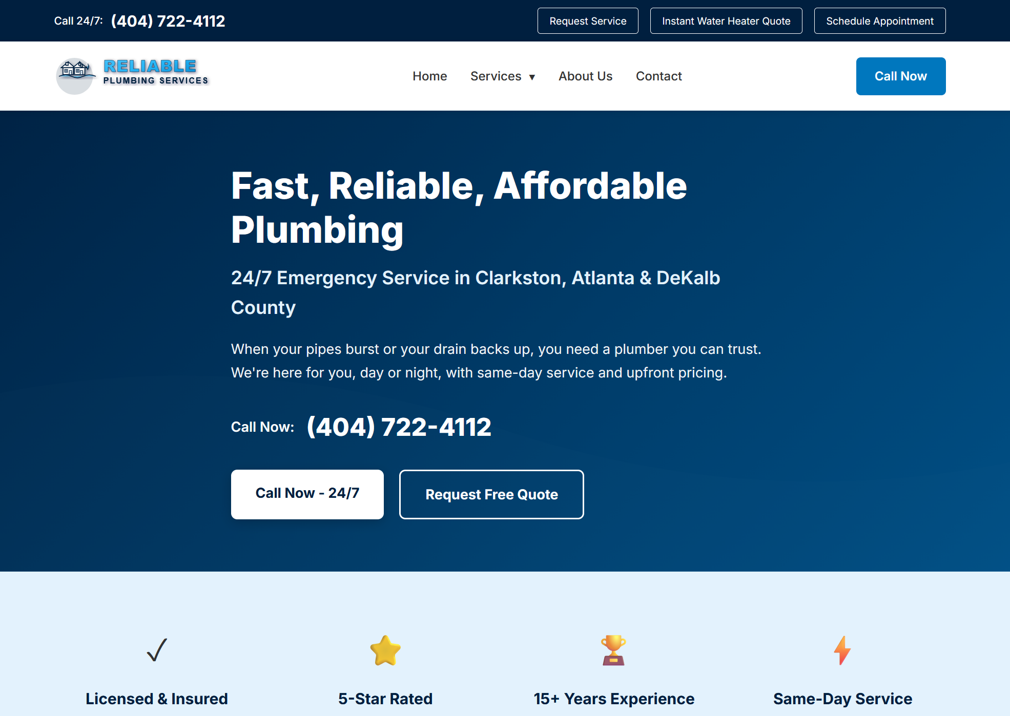 Reliable Plumbing demo website by DirtyHandSites